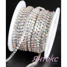 Цепочка со стразами декоративная арт. 2054 (2,4 мм.) уп.10 ярд. (серебро хамелеон в серебряной оправе)