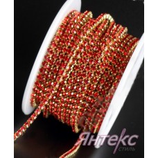 Цепочка со стразами декоративная арт. 2054 (2,4 мм.) уп.10 ярд. (красный в золотой оправе)